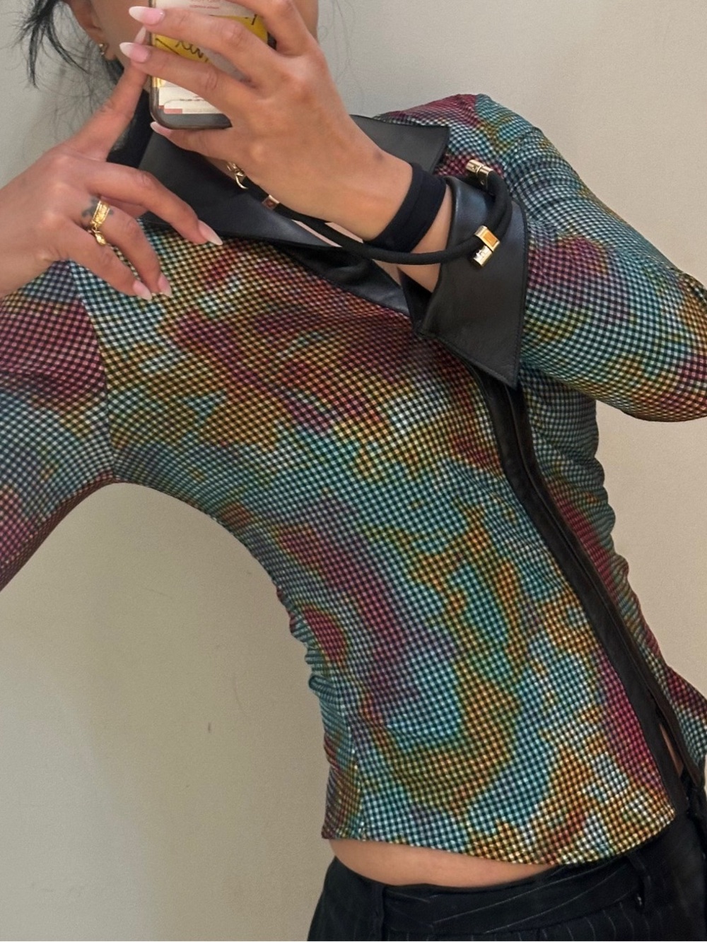 Designer Multicolor Print Patterned Zip-Front Jacket with Black Trim Size-S/M
